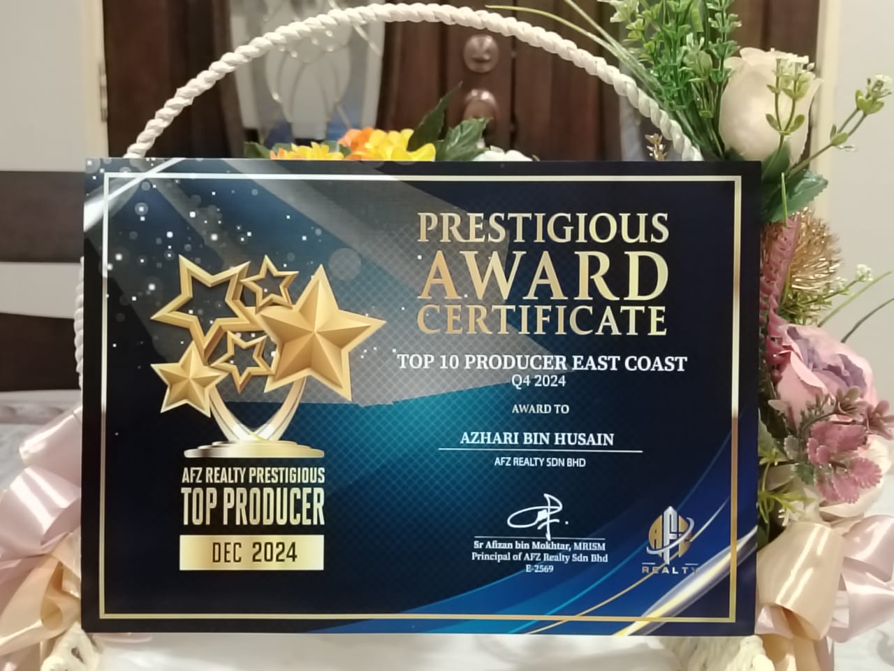 Azhari Bin Husain's East Coast Top 10 Producer certificate for the third quarter of 2024